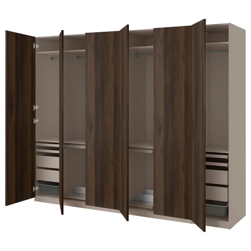 An open brown wood-like PAX wardrobe with shelves and drawers.