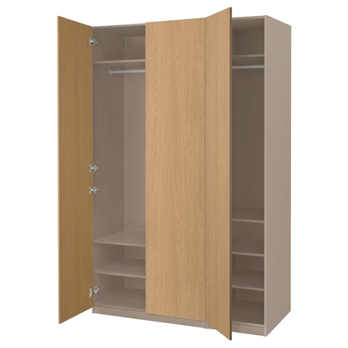 PAX wardrobe: light wood, tall, rectangular, two doors open, middle shelves visible.
