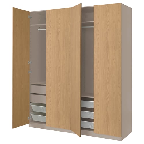 PAX wardrobe: light wood, three sections, two open showing shelves, drawers, rail.