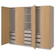 PAX wardrobe, light wood, four doors, two hanging spaces, four shelves, four drawers, modern design.