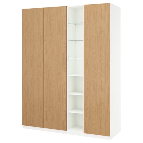 Modern white and light wood PAX wardrobe with open shelves.