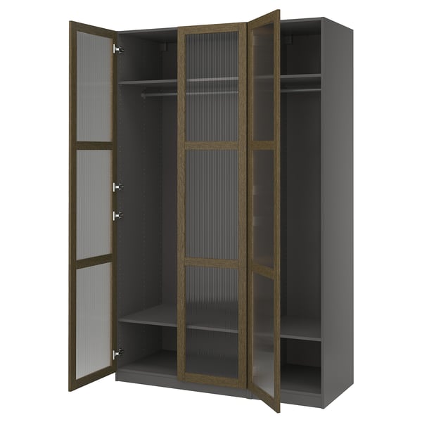 A gray ikea PAX wardrobe with open doors, featuring a black mesh interior and a wooden trim.