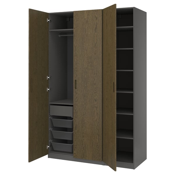 PAX wardrobe, oak doors, tall, storage shelves, dark interior, white background.