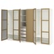 An ikea PAX wardrobe set in white and oak, featuring open doors revealing shelves and storage solutions inside.