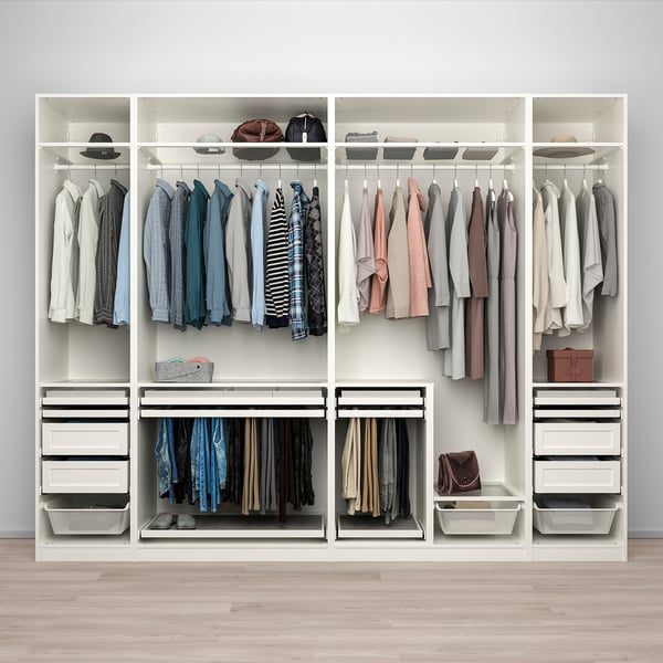 White wardrobe with hanging, shelves, drawers and storage.