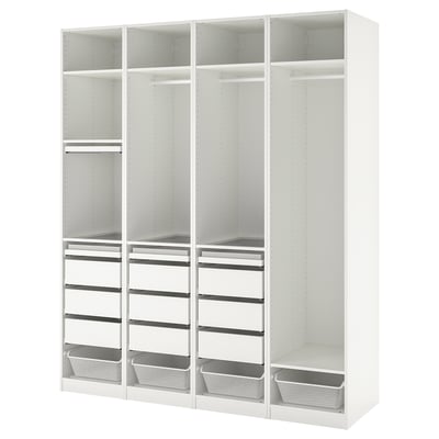 White PAX wardrobe, four sections. Top shelves, hanging rails, drawers, and mesh baskets. Modern, organised design.