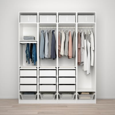 Large white PAX wardrobe with clothes, shelves, and drawers.