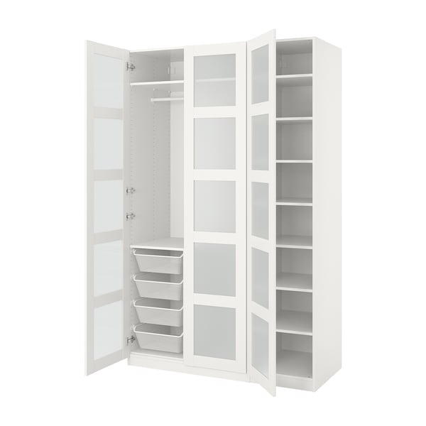White PAX wardrobe with open doors, glass panels, metal baskets & shelves.