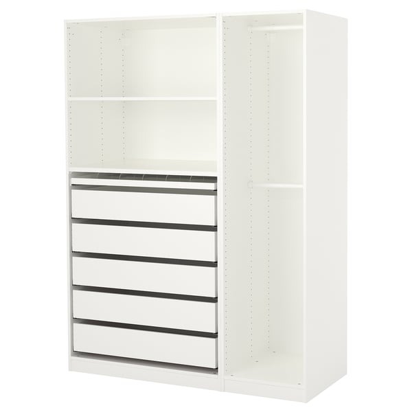 A white ikea PAX wardrobe with shelves and drawers. It has an open back and a sleek, minimalist design.