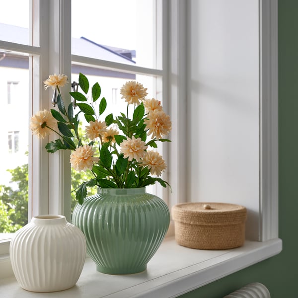 Grey-green glazed stoneware PELARBJÖRK vase with grooves on window sill.