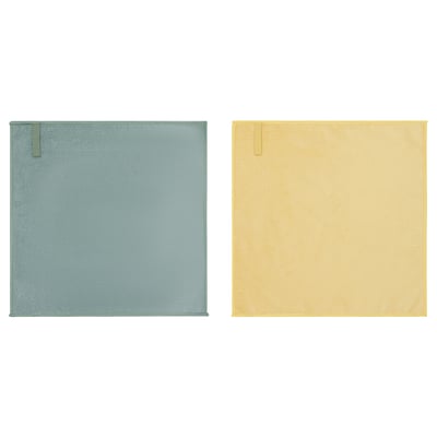 Two PEPPRIG microfibre cleaning cloths, one blue, one yellow, rectangular with rounded corners, displayed side by side.