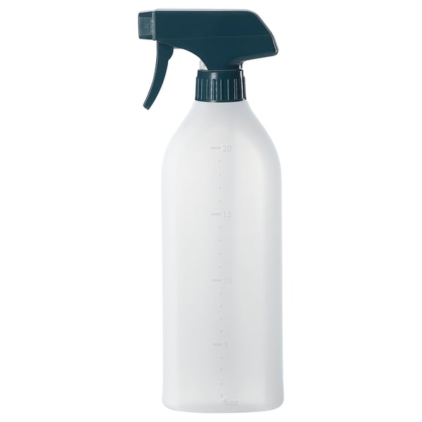 PEPPRIG spray bottle, teal, clear plastic, cylindrical with adjustable spray nozzle.