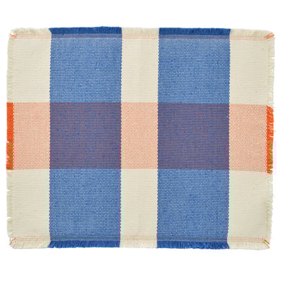 PILLERSTARR blue, white, orange placemat. Rectangular weaved cotton table mat with chequered design.