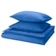 Bright blue bedding set, neatly folded, including flat and pillowcases, smooth fabric, modern design.