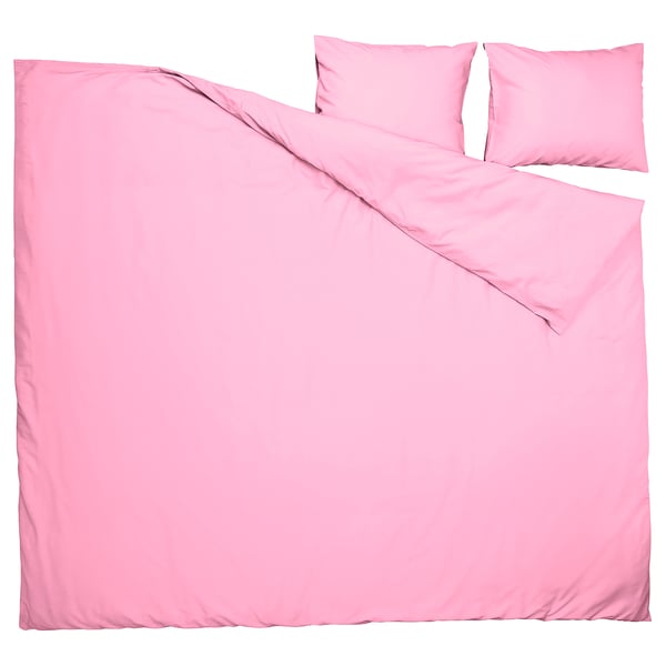Bright pink bedding set: duvet and pillowcases, recycled polyester/viscose, solid colour, rectangle shape.