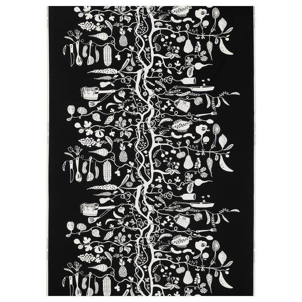 PIPDÅN: black fabric with white food/culinary patterns. Made from 100% recycled cotton. Pre-cut for crafts, aprons, or home accents.