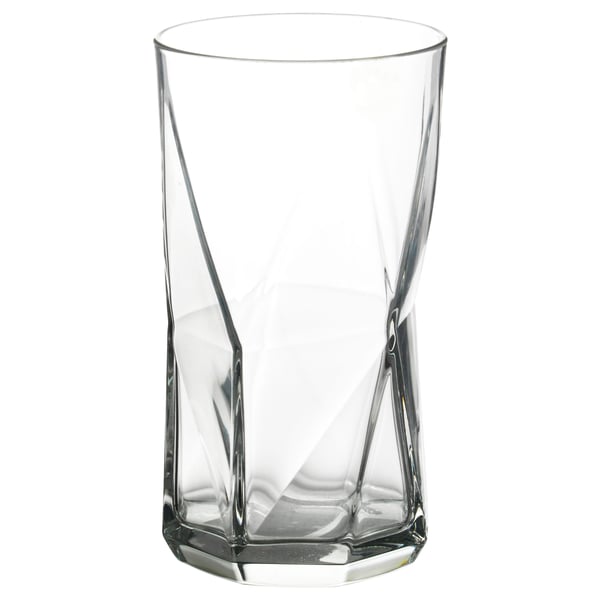 PLANERA clear glass cup, modern angular design, tall and transparent.