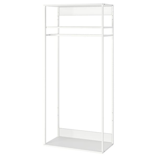 A white PLATSA wardrobe. It has a sleek, minimalist design with metal framing and a honeycomb panel. The wardrobe includes shelves and a hanging rod.