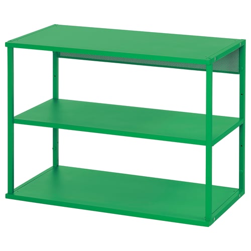 Bright green, metal PLATSA shelf with 3 flat shelves, modern design.