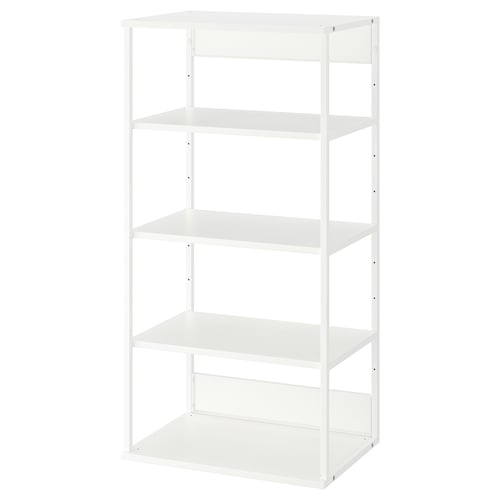 A white PLATSA bookshelf with four open shelves, made of steel and particle board, standing against a white background.