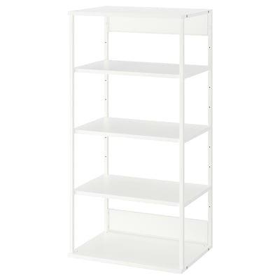 A white PLATSA bookshelf with four open shelves, made of steel and particle board, standing against a white background.