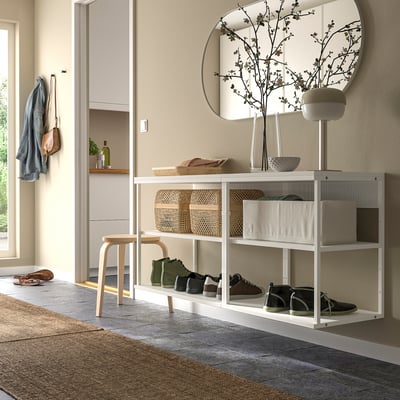 PLATSA white shelves with mirror and coat rack.
