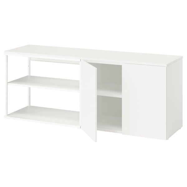 White PLATSA storage unit with open shelves and doors, modern minimalist design.