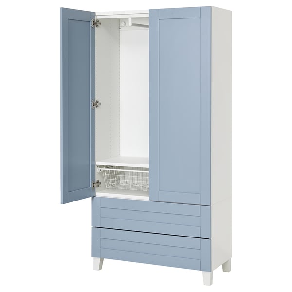 Blue & white PLATSA wardrobe with drawers, sleek doors, & wire basket.