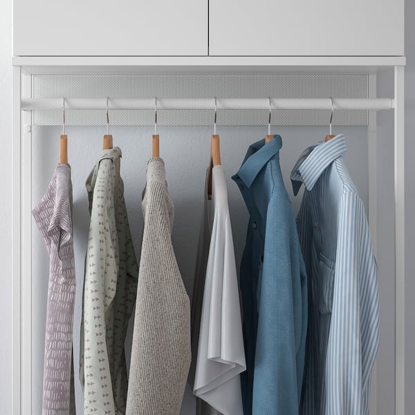A modern, adjustable closet with hanging shirts and coats. Useful for organising clothes in various spaces.