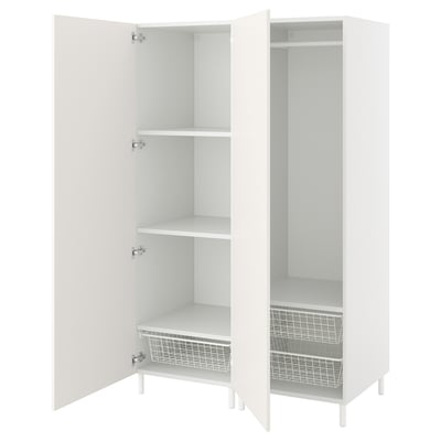 White PLATSA wardrobe with adjustable shelves and mesh drawers.