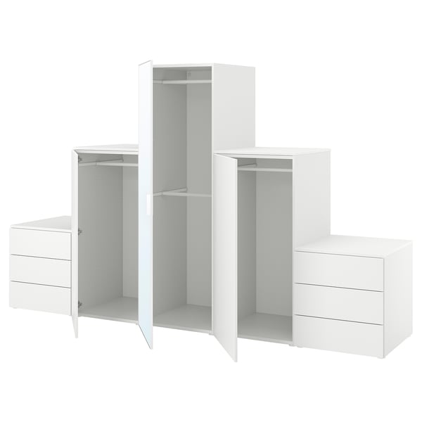 White PLATSA furniture set: wardrobe, cabinets, and drawers with open doors; modern, minimalist design.
