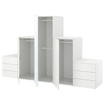 White PLATSA furniture set: wardrobe, cabinets, and drawers with open doors; modern, minimalist design.