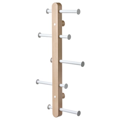 A PLOGA coat rack, a wooden unit with adjustable white metal hooks.