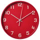 Round red wall clock with white numbers and hands, silent quartz movement.