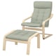Light wood and green POÄNG chair with footstool, cushioned seat and back.