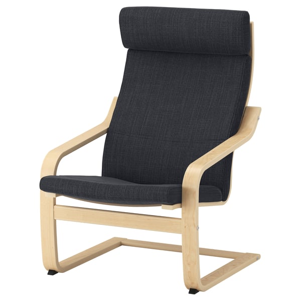 Poang armchair: dark gray cushion, light wood frame, curved design, sleek style.