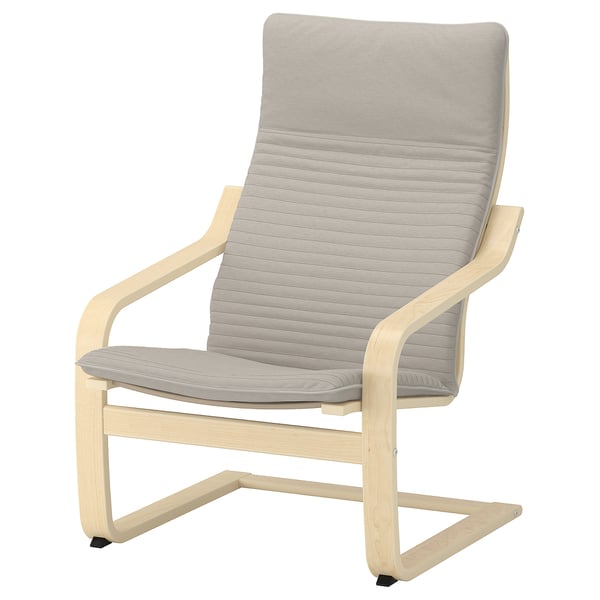 Ikea POÄNG chair: light beige cushion, wooden arms, curved back, resilient seat.