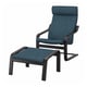 Modern recliner in blue tweed with black metal frame and matching footstool.