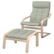 Comfortable light green POÄNG chair and footstool, wooden frame, soft cushions.