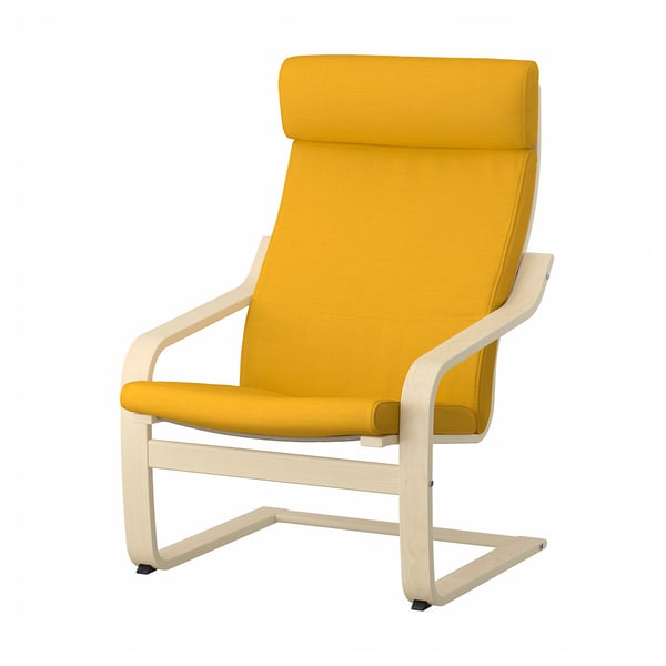 Bright yellow POÄNG armchair, modern design with curved wood frame, comfortable cushions.