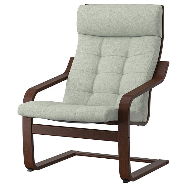 POÄNG armchair: light green cushion, dark brown wood frame, comfy resilience, elegant tufted design.