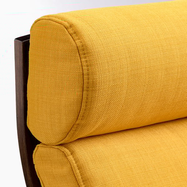 Mustard yellow fabric chair corner, sturdy wooden back, plush cushions, high-quality upholstery.