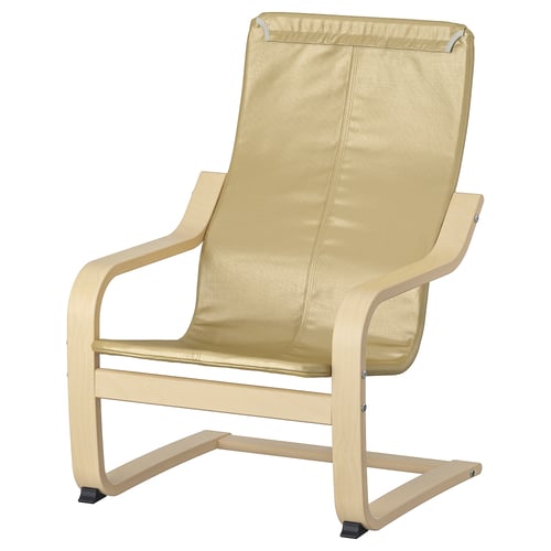 A beige POÄNG armchair for children, framed with birch wood, offering a sleek and inviting design.