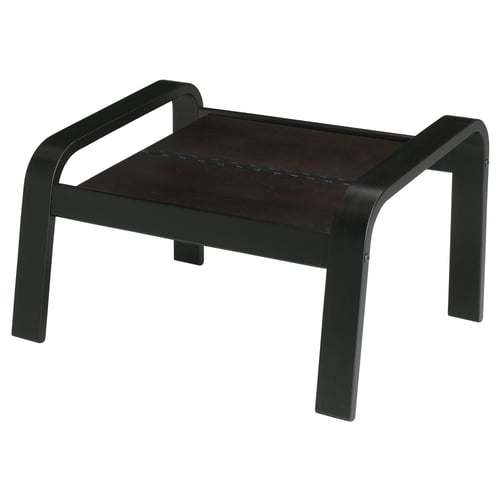 Dark brown and black POÄNG stool with wooden seat and metal legs, ideal for modern decor.