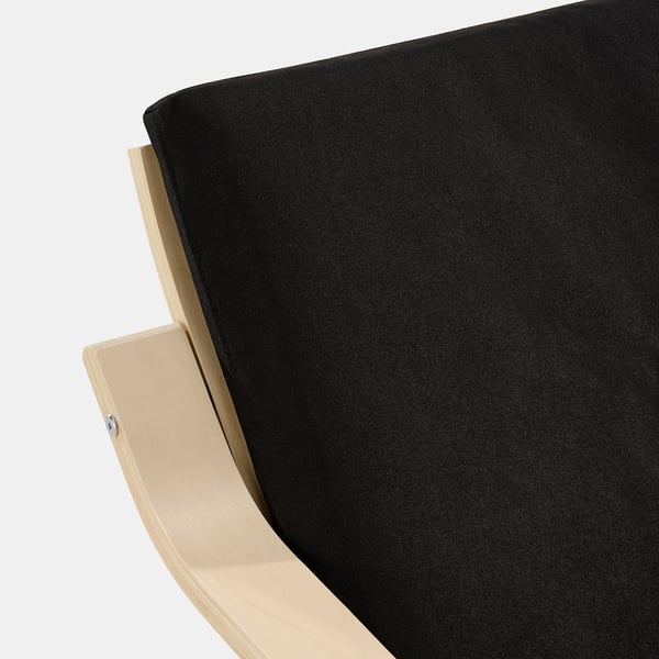A modern black cushioned chair with curved wooden arms, part of the POÄNG collection, offering comfort and style.
