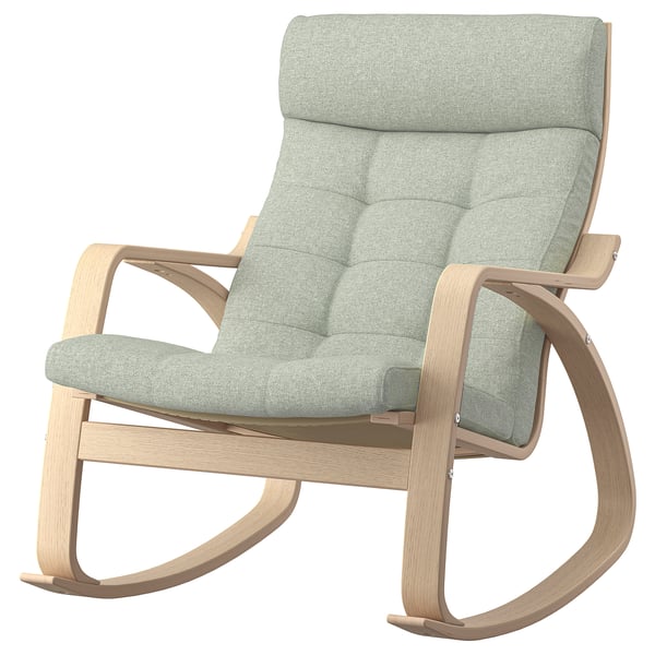POÄNG rocking chair, light green cushions, bentwood frame, supportive high back, plush tufted seat.