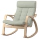 POÄNG rocking chair, light green cushions, bentwood frame, supportive high back, plush tufted seat.