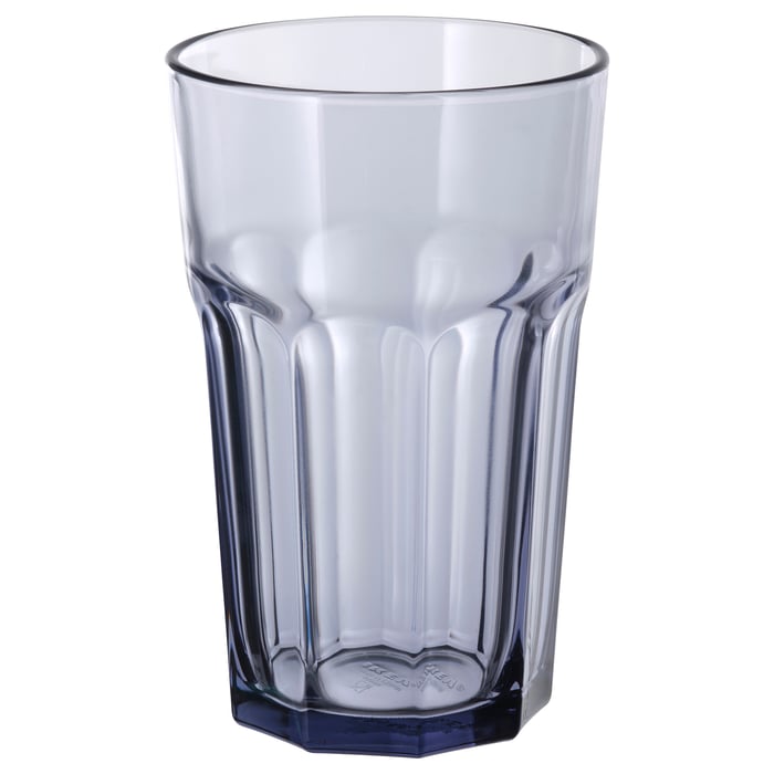 Clear, tall, hexagonal glass tumbler with ridged design.