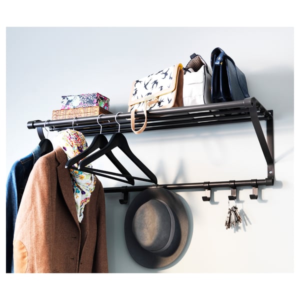 Wall-mounted organiser, PORTIS, black, steel and powder coat, multi-level hooks & shelf, holds keys, hat, coats, purses.