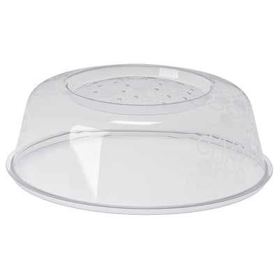 Clear plastic microwave cover with hole pattern for steam release, round shape with rimmed edge.